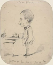 Caricatura de hombre de pie junto a un escritorio
